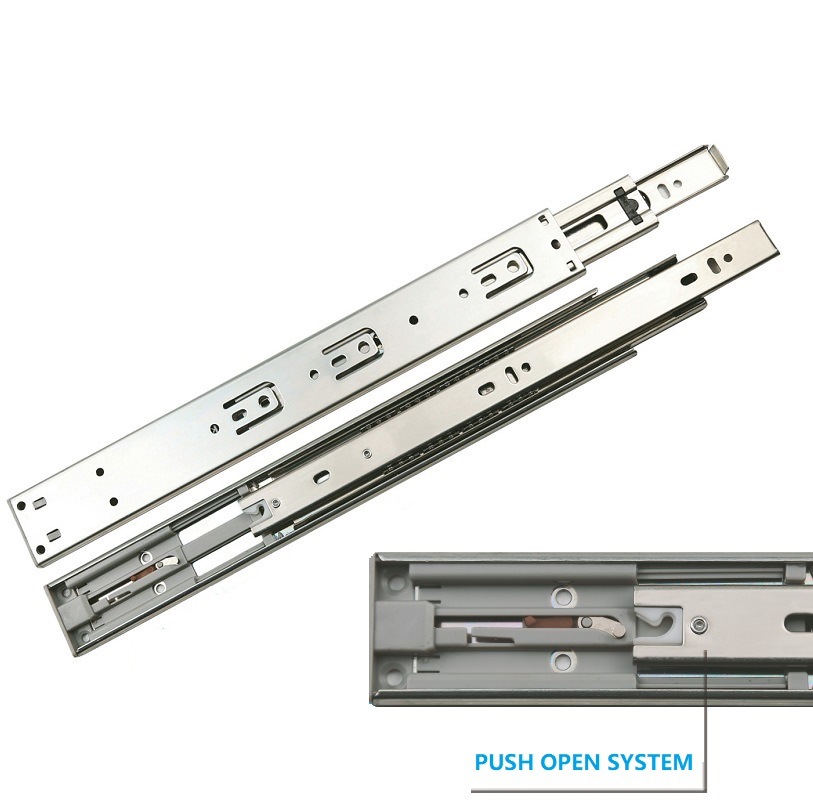 Hardware para móveis zincado 45mm, rolamento de esferas triplo, empurrar, gaveta telescópica aberta, extensão completa, canal telescópico