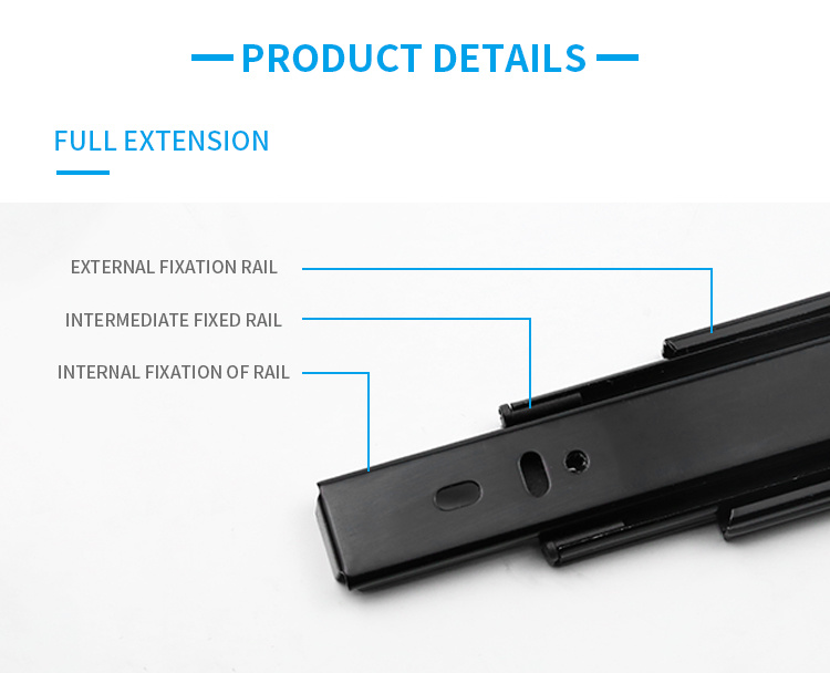Hardware para móveis zincado 45mm, rolamento de esferas triplo, empurrar, gaveta telescópica aberta, extensão completa, canal telescópico