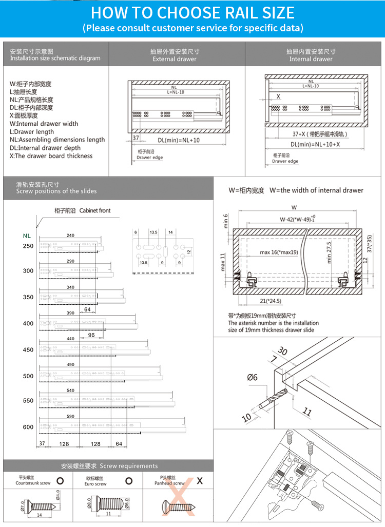 China Factory 3 Fold Damper Basket Channel Sliders Travando trilhos telescópicos ocultos Fechamento suave Undermount Corrediça de gaveta oculta